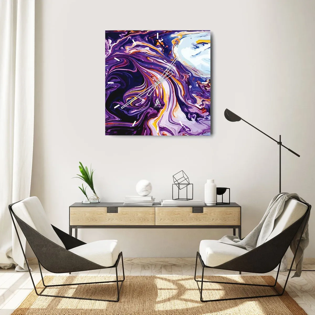 Orologio da parete - Orologio in Vetro - Un motivo astratto dinamico nelle tonalità del viola e del giallo. - 30x30cm - Curvatura dello spazio in viola - Decorazione murale moderna per soggiorno e camera da letto ARTTOR
