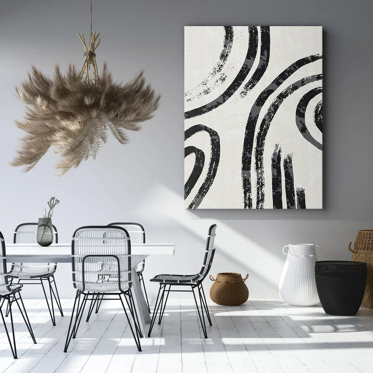 Quadro su tela - Stampe su Tela - Linee astratte in bianco e nero su uno sfondo chiaro - 50x70cm - Interrotto a metà - Decorazione murale moderna per soggiorno e camera da letto ARTTOR