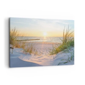 Quadro su tela - Stampe su Tela - Una spiaggia sabbiosa con vista sul tramonto sul mare - 100x70cm - Rumore del mare, uccelli che cantano, spiaggia selvatica tra i cespugli... - Decorazione murale moderna per soggiorno e camera da letto ARTTOR