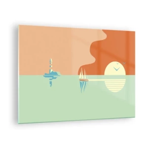 Quadro su vetro - Un tramonto minimalista con una barca a vela e un faro - 70x50cm - Ideale paesaggio marittimo - Decorazione murale moderna per soggiorno e camera da letto ARTTOR