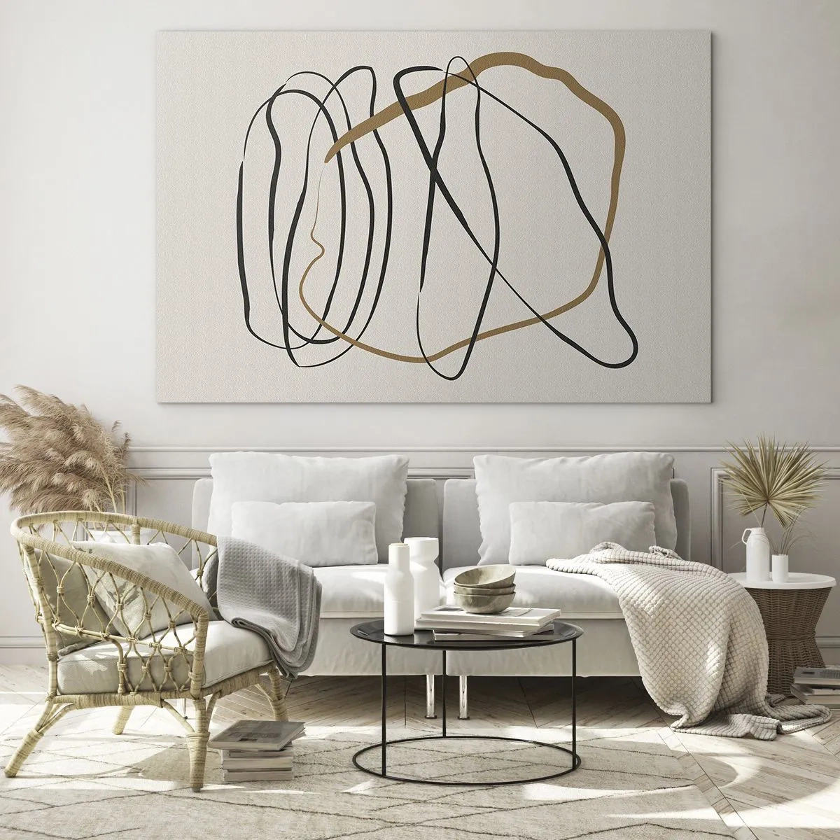 Quadro su vetro - Una composizione espressiva di linee nere e marroni su uno sfondo chiaro. - 70x50cm - Composizione: danza intricata - Decorazione murale moderna per soggiorno e camera da letto ARTTOR