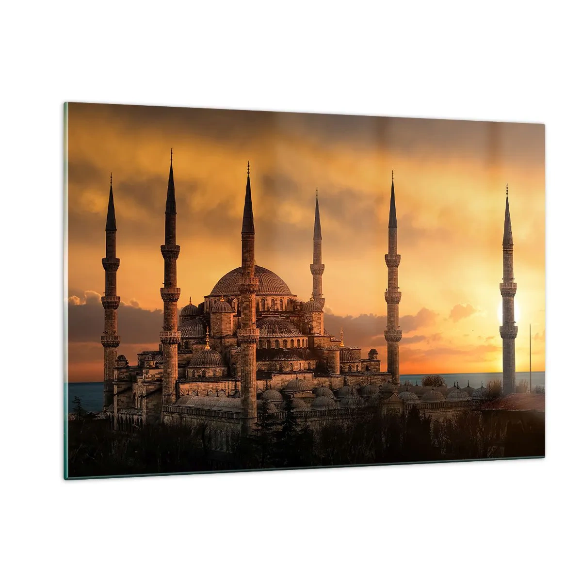 Quadro su vetro - La Moschea Blu sullo sfondo del tramonto - 120x80cm - Dio è grande - Decorazione murale moderna per soggiorno e camera da letto ARTTOR