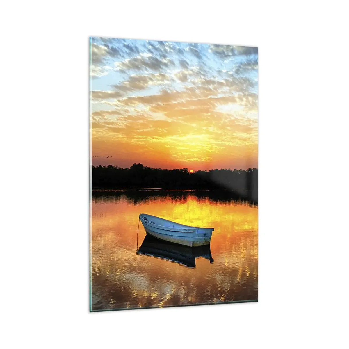 Quadro su vetro - Una barca su un lago calmo durante il tramonto - 80x120cm - Guarda, ascolta, medita - Decorazione murale moderna per soggiorno e camera da letto ARTTOR