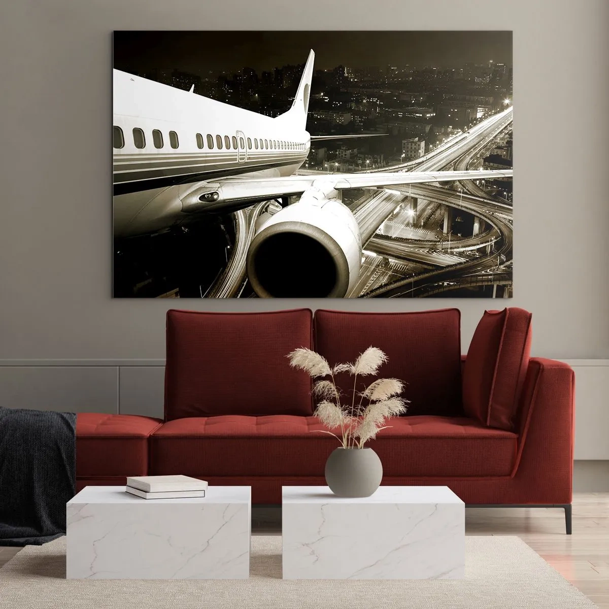 Quadro su vetro - Un aereo sopra la città di notte con un'atmosfera industriale - 120x80cm - Volare di notte - Decorazione murale moderna per soggiorno e camera da letto ARTTOR
