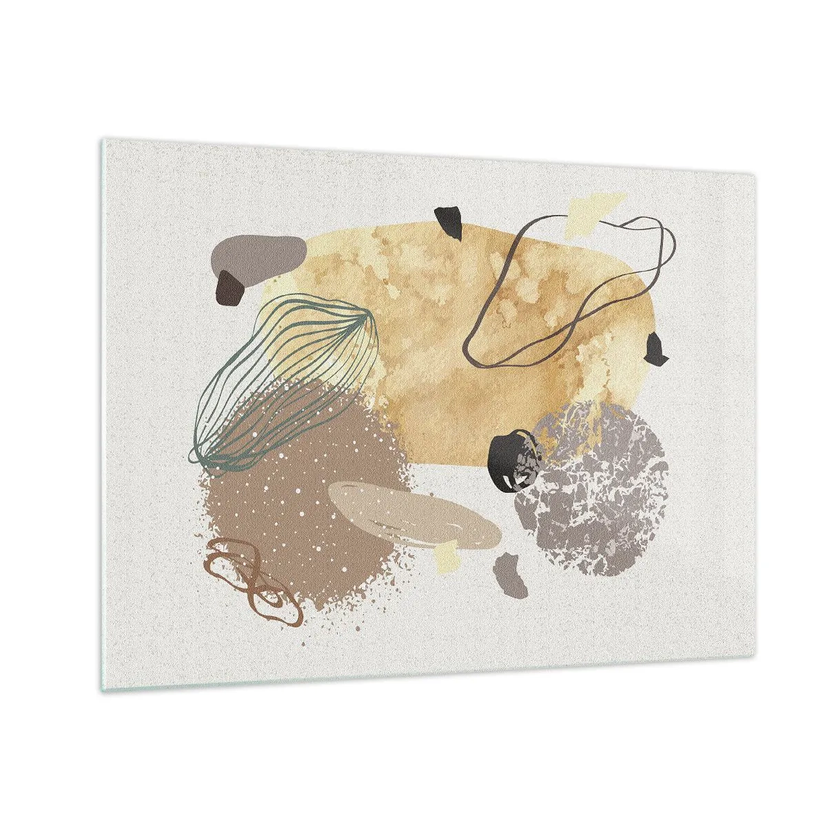 Quadro su vetro - Astrazione beige e marrone con forme irregolari - 70x50cm - Schizzologia applicata - Decorazione murale moderna per soggiorno e camera da letto ARTTOR