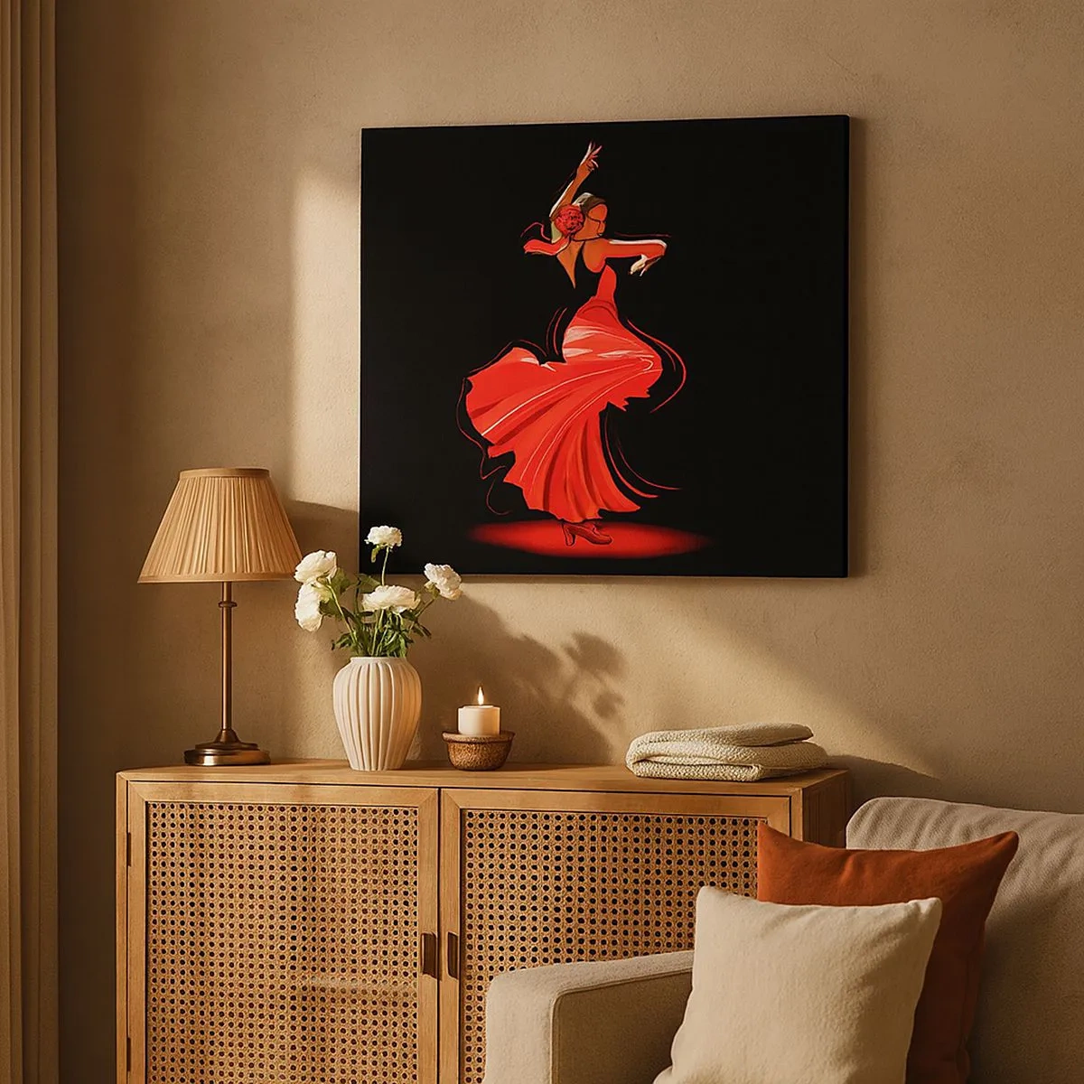 Quadro su tela - Stampe su Tela - Ballerina di flamenco in abito rosso su sfondo nero - 70x50cm - Lo spirito focoso del flamenco - Decorazione murale moderna per soggiorno e camera da letto ARTTOR