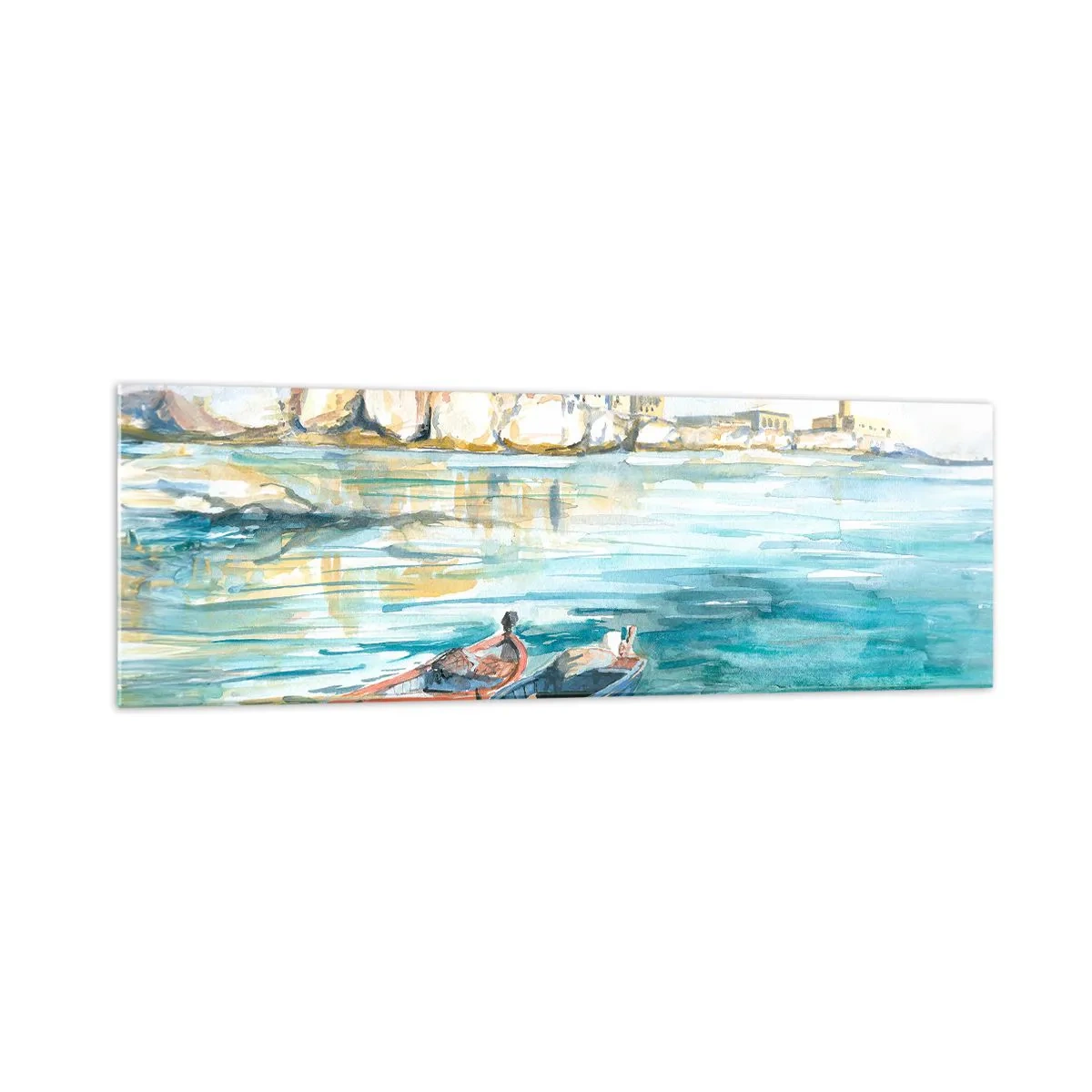 Quadro su vetro - Un pittoresco paesaggio costiero con barche sull'acqua - 160x50cm - Paesaggio in azzurro - Decorazione murale moderna per soggiorno e camera da letto ARTTOR