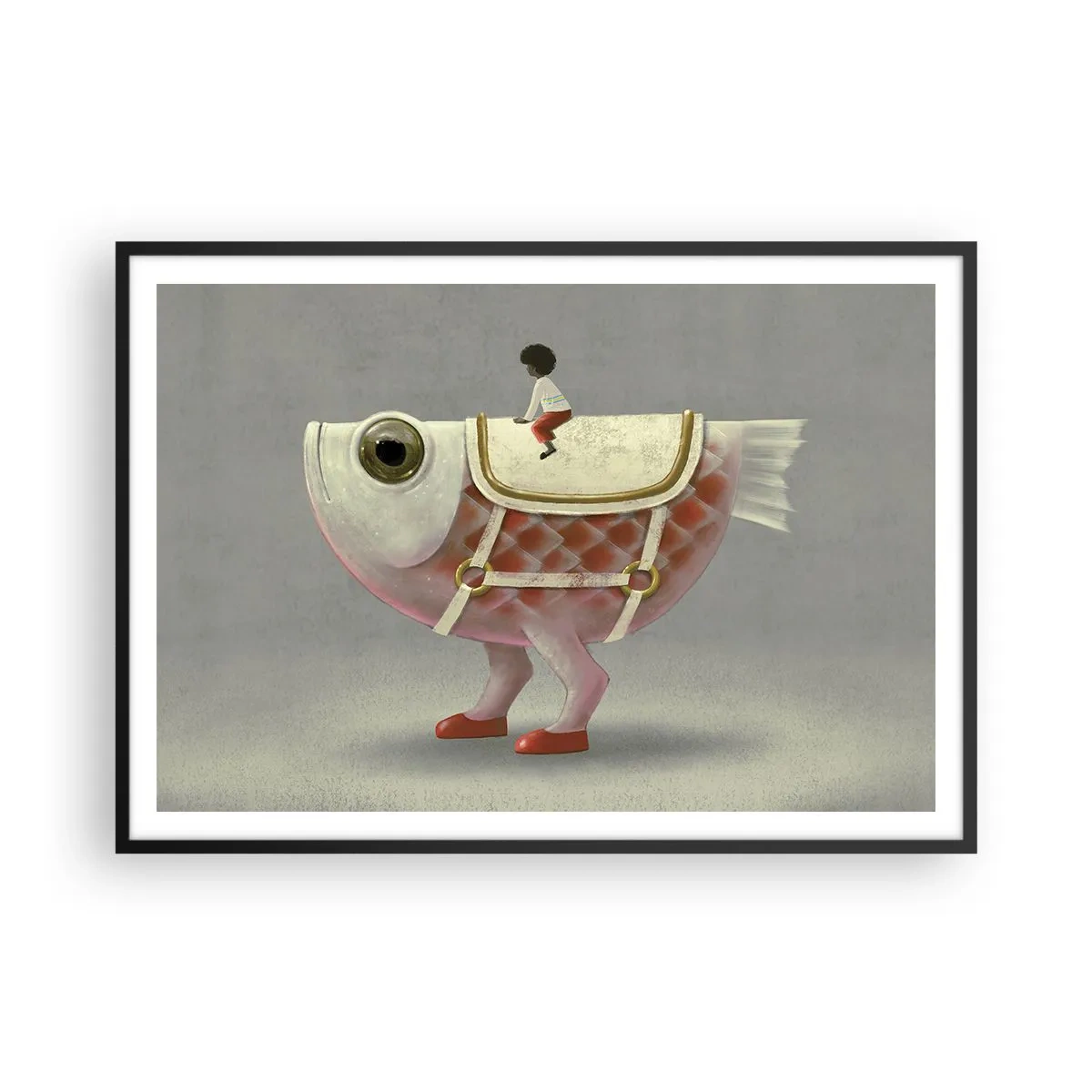 Poster in cornice nera - Un fantasioso cavaliere di pesce con gambe e sella - 100x70cm - Il cavaliere del pesce - Decorazione murale moderna per soggiorno e camera da letto ARTTOR