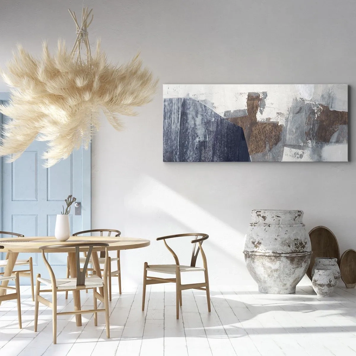 Quadro su tela - Stampe su Tela - Forme astratte nelle tonalità del blu e del marrone - 120x50cm - Forme blu e marroni - Decorazione murale moderna per soggiorno e camera da letto ARTTOR