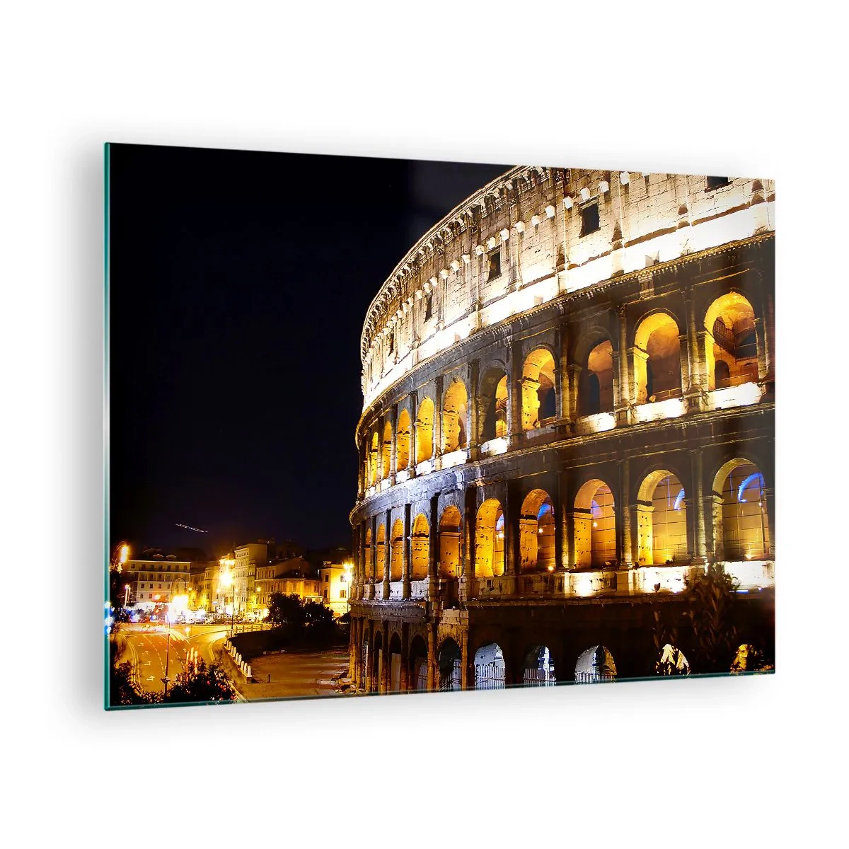 Quadro su vetro - Il Colosseo di notte con gli archi illuminati - 70x50cm - È tempo di iniziare i giochi - Decorazione murale moderna per soggiorno e camera da letto ARTTOR