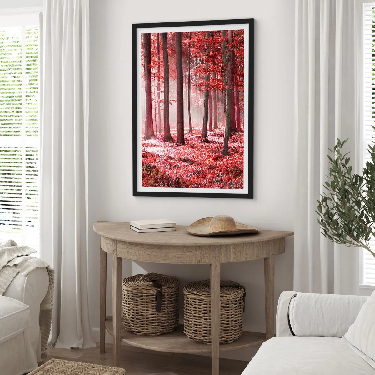 Poster in cornice nera - Una foresta con foglie rosse e nebbia al mattino - 50x70cm - Anche rosso è bello - Decorazione murale moderna per soggiorno e camera da letto ARTTOR