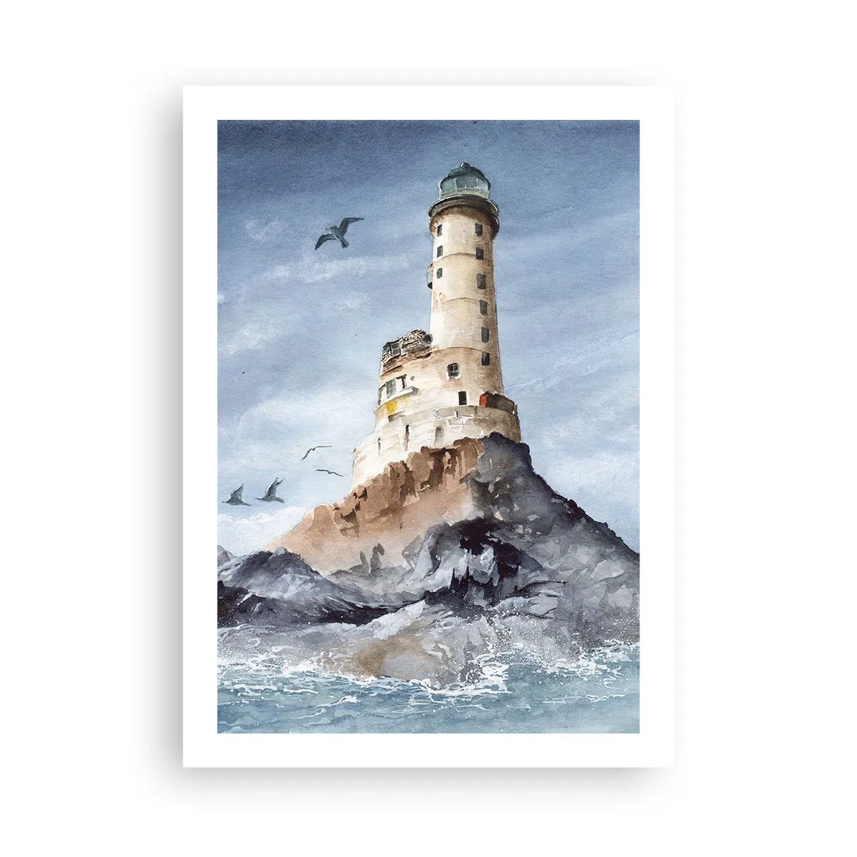 Poster - Un dipinto ad acquerello di un faro su una costa rocciosa - 50x70cm - Invincibile - Decorazione murale moderna per soggiorno e camera da letto ARTTOR