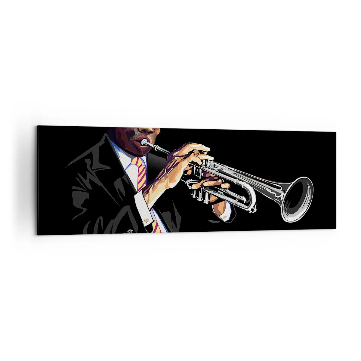 Quadro su tela - Stampe su Tela - Un musicista che suona la tromba su uno sfondo nero - 160x50cm - Il fascino della Old School - Decorazione murale moderna per soggiorno e camera da letto ARTTOR