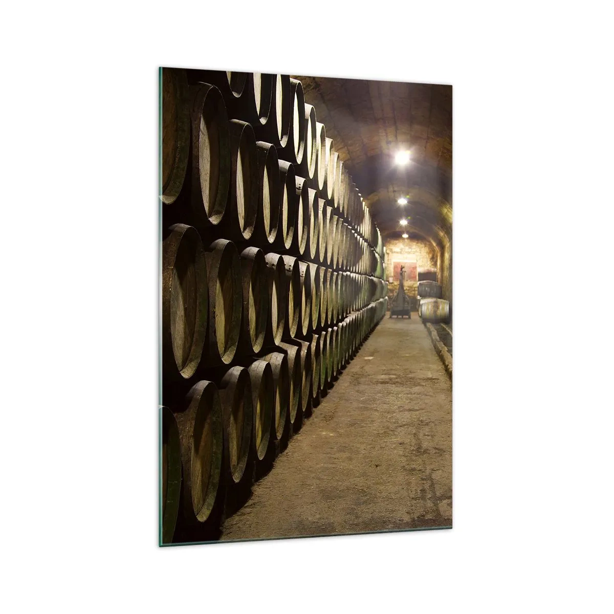 Quadro su vetro - Una cantina con botti di legno per il vino disposte in file - 70x100cm - È bene riposare - Decorazione murale moderna per soggiorno e camera da letto ARTTOR