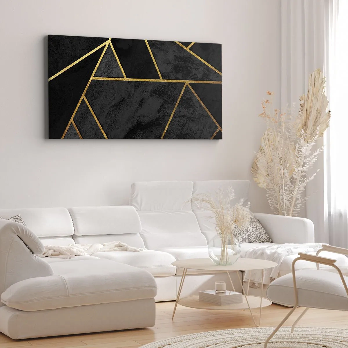 Quadro su tela - Stampe su Tela - Motivo geometrico dorato su sfondo nero - 160x50cm - Oscurità e luce - Decorazione murale moderna per soggiorno e camera da letto ARTTOR