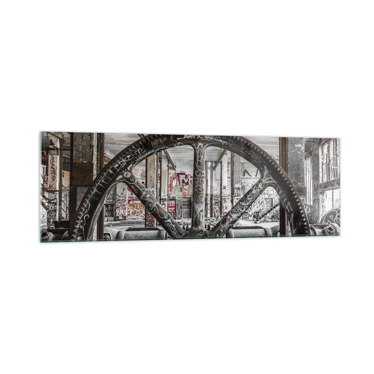 Quadro su vetro - Un vecchio meccanismo in un interno industriale abbandonato - 160x50cm - La vita segreta della fabbrica - Decorazione murale moderna per soggiorno e camera da letto ARTTOR