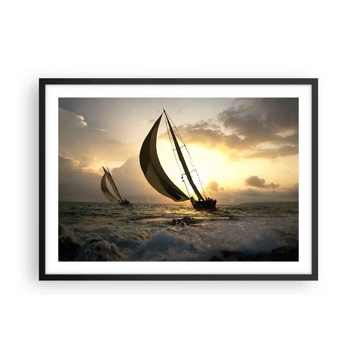 Poster in cornice nera - Barche a vela in mare al tramonto - 70x50cm - Con il vento e controvento - Decorazione murale moderna per soggiorno e camera da letto ARTTOR