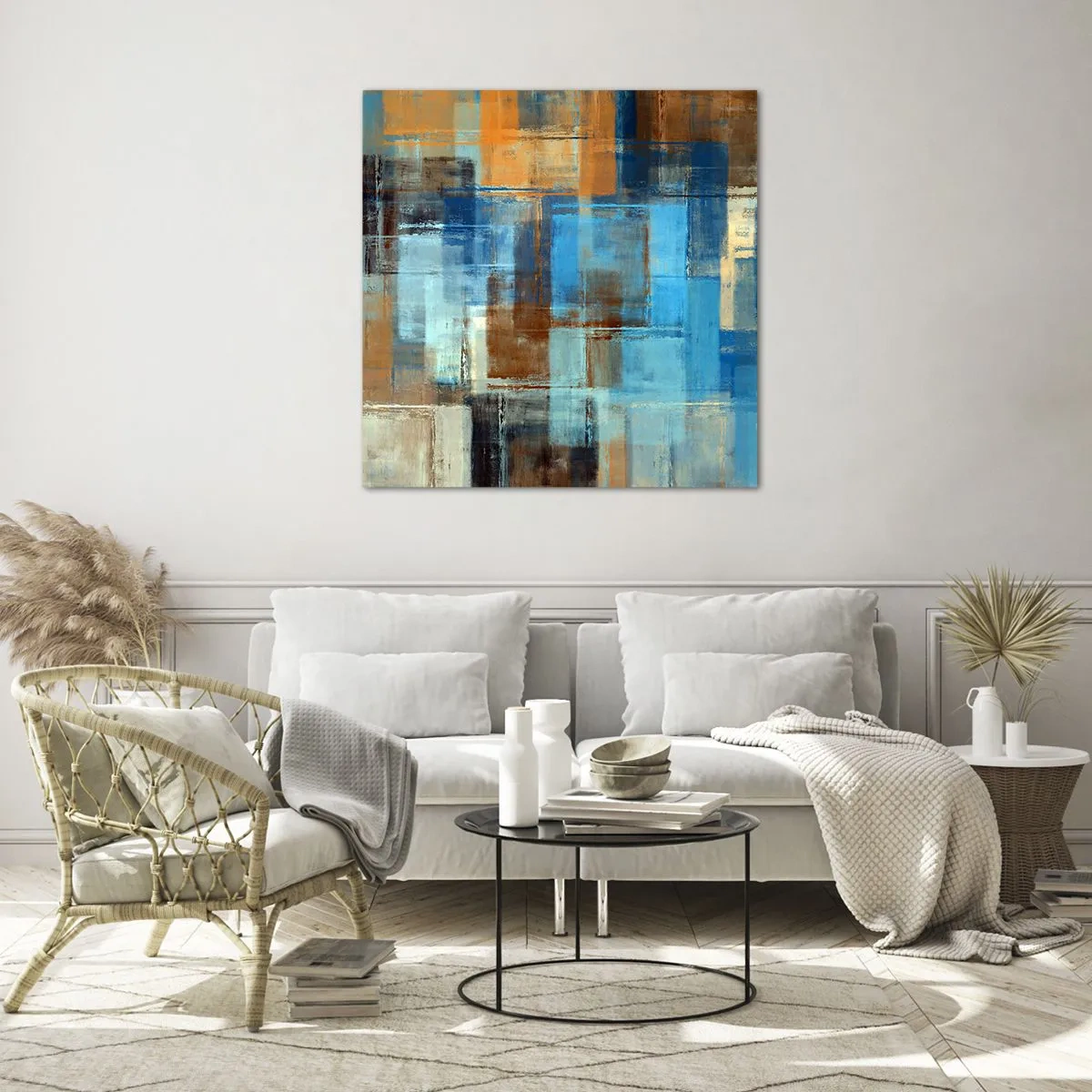 Quadro su vetro - Attraverso la tenda blu - 30x30 cm