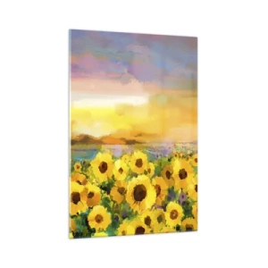 Quadro su vetro - Un campo di girasoli alla luce del sole al tramonto - 70x100cm - Il sole è sceso sulla terra - Decorazione murale moderna per soggiorno e camera da letto ARTTOR