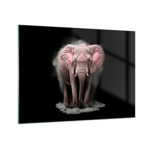 Quadro su vetro - Un elefante rosa su sfondo nero circondato da una nuvola di polvere. - 70x50cm - Non pensare all'elefante rosa! - Decorazione murale moderna per soggiorno e camera da letto ARTTOR