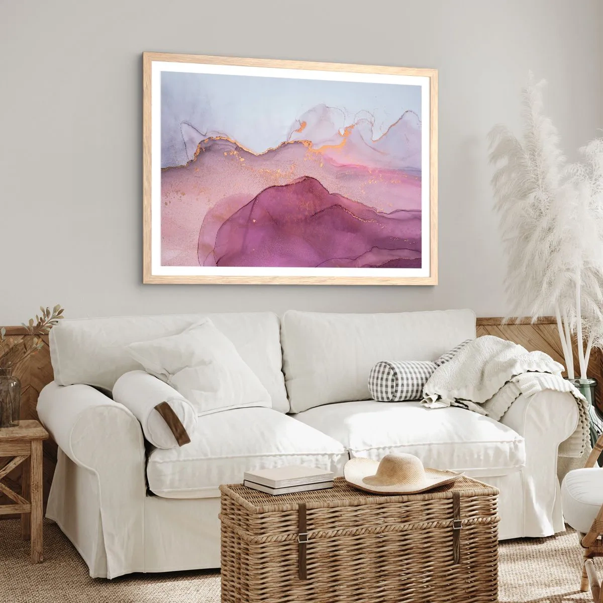 Poster in cornice rovere chiaro - Onde di lilla e viola - 40x30 cm