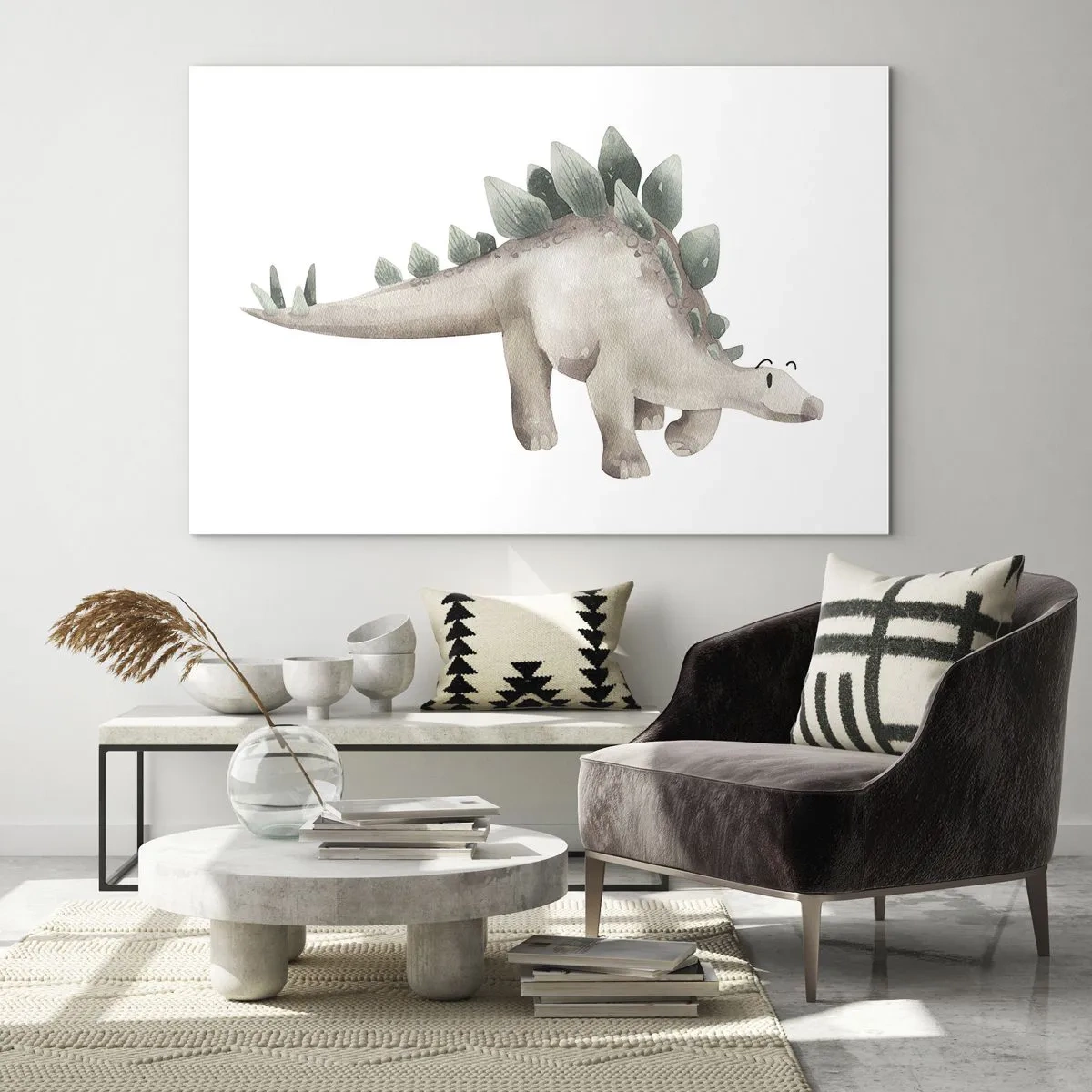 Quadro su vetro - Un simpatico dinosauro dai colori pastello su sfondo bianco - 100x70cm - Sono vostro amico - Decorazione murale moderna per soggiorno e camera da letto ARTTOR