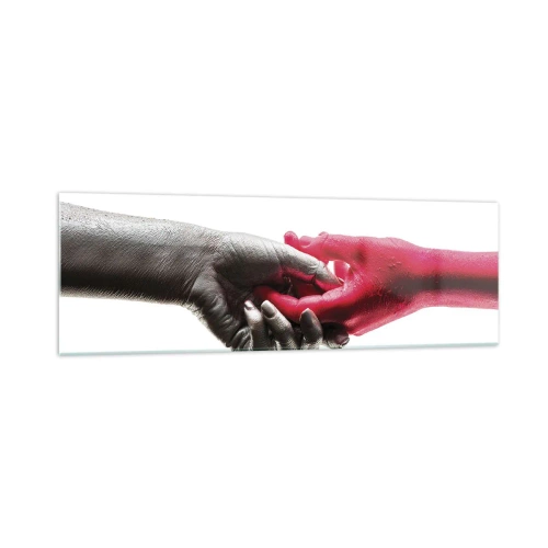 Quadro su vetro - Mani simboliche in argento e rosso - 160x50cm - Insieme, sebbene diversi - Decorazione murale moderna per soggiorno e camera da letto ARTTOR