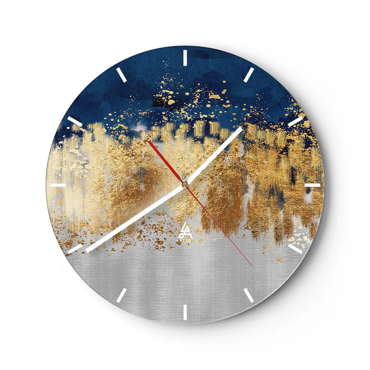Orologio da parete - Orologio in Vetro - Riflessi dorati e uno sfondo blu-argento in stile astratto - 30x30cm - Composizione moderna con bagliore - Decorazione murale moderna per soggiorno, cucina e camera da letto ARTTOR