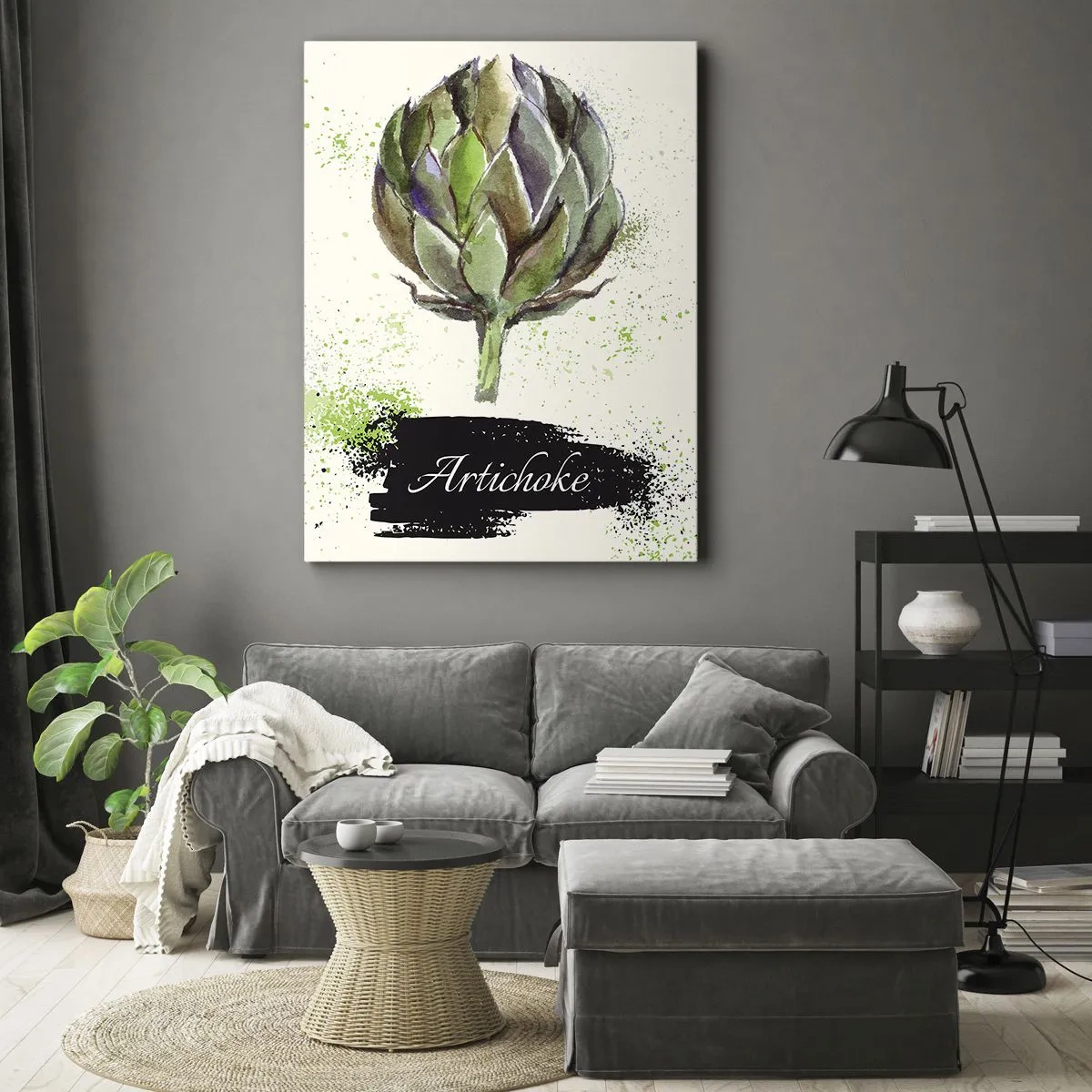 Quadro su tela - Stampe su Tela - Carciofo acquerello con testo su sfondo chiaro con accenti verdi - 70x100cm - Evviva la verdura! - Decorazione murale moderna per soggiorno e camera da letto ARTTOR