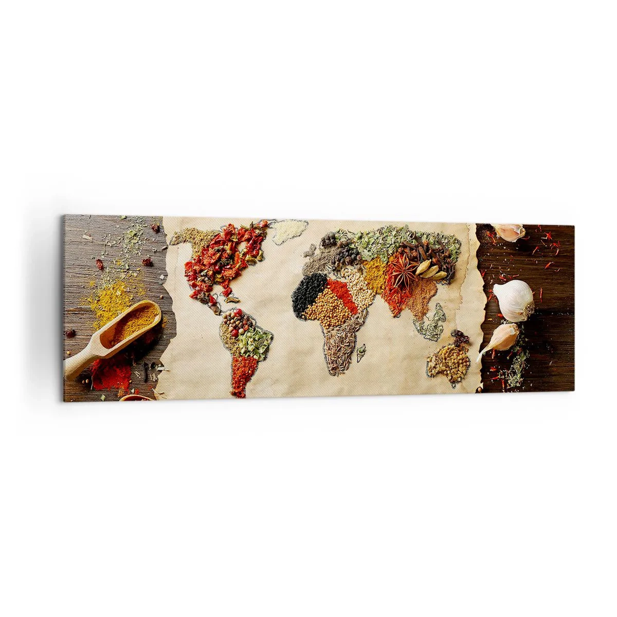 Quadro su tela - Stampe su Tela - Una mappa del mondo fatta di spezie su uno sfondo di legno. - 160x50cm - Tutti i gusti del mondo - Decorazione murale moderna per soggiorno e camera da letto ARTTOR