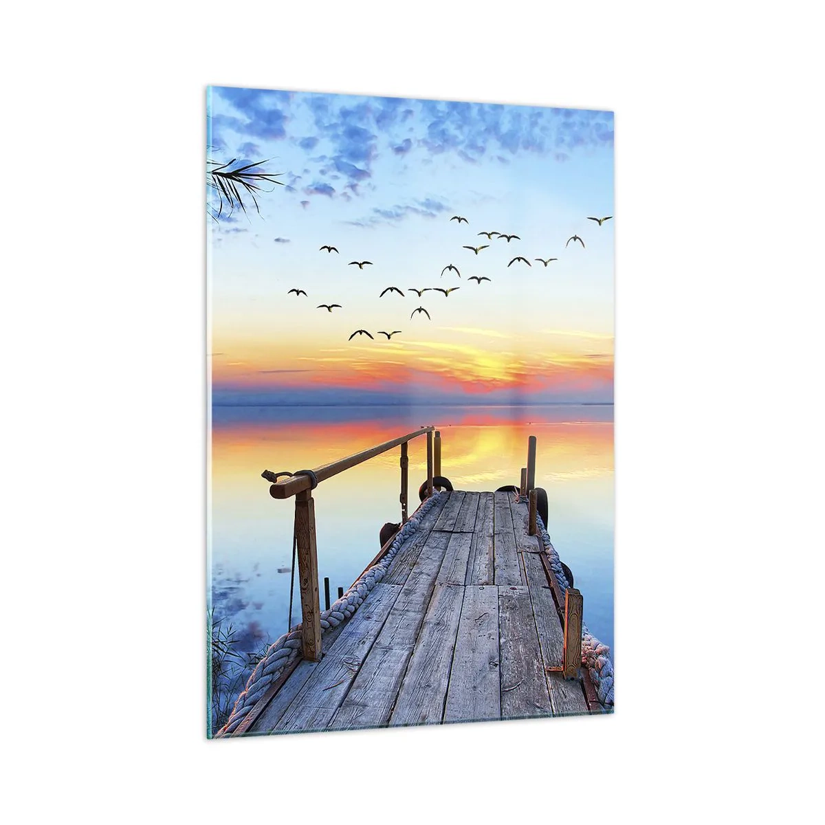 Quadro su vetro - Un molo di legno sopra un lago al tramonto con uno stormo di uccelli che vola sopra la testa - 50x70cm - Il tempo del ritorno - Decorazione murale moderna per soggiorno e camera da letto ARTTOR