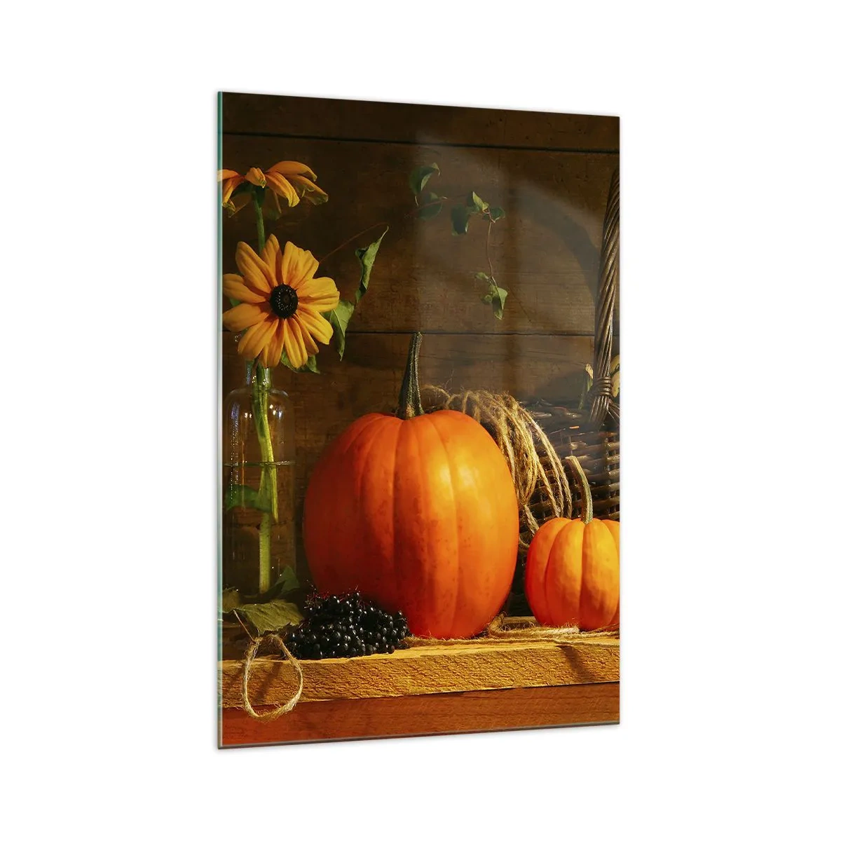 Quadro su vetro - Composizione autunnale con zucche e fiori su uno sfondo di legno - 70x100cm - Composizione rustica: i doni dell'autunno - Decorazione murale moderna per soggiorno e camera da letto ARTTOR