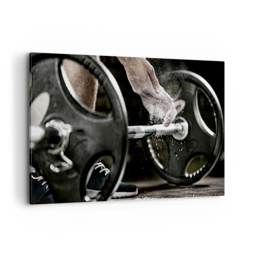 Quadro su tela - Stampe su Tela - Manubri e mani di un atleta che si preparano per l'allenamento - 120x80cm - Sfida accettata! - Decorazione murale moderna per soggiorno e camera da letto ARTTOR