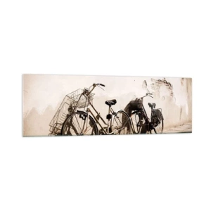Quadro su vetro - Due biciclette appoggiate a un vecchio muro in stile retrò - 160x50cm - L'indimenticabile bellezza del passato - Decorazione murale moderna per soggiorno e camera da letto ARTTOR