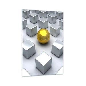 Quadro su vetro - Una sfera dorata che spicca tra i cubi d'argento - 70x100cm - Perché io? Composizione geometrica - Decorazione murale moderna per soggiorno e camera da letto ARTTOR