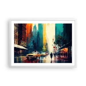 Poster in cornice bianca - New York: qui anche la pioggia è colorata - 70x50 cm
