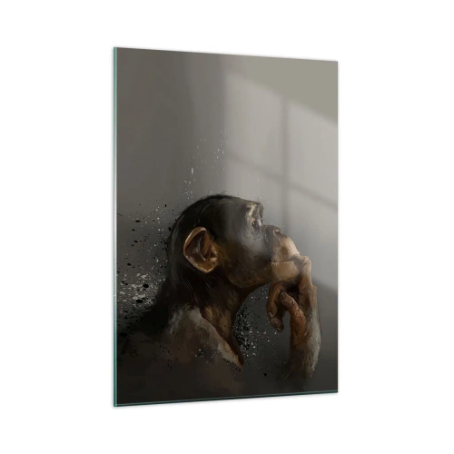 Quadro su vetro - Una scimmia che sembra pensierosa su uno sfondo scuro con effetto schizzi - 50x70cm - Sicuramente un pensatore - Decorazione murale moderna per soggiorno e camera da letto ARTTOR