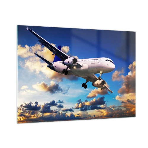 Quadro su vetro - Un aereo in volo contro un cielo pittoresco - 100x70cm - Viaggio nel bianco e nel blu - Decorazione murale moderna per soggiorno e camera da letto ARTTOR