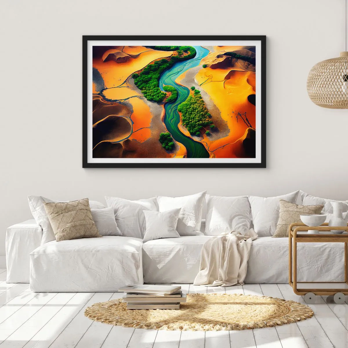 Poster in cornice nera - Un fiume verde circondato da sabbie dorate e vegetazione - 70x50cm - Il fiume della vita - Decorazione murale moderna per soggiorno e camera da letto ARTTOR