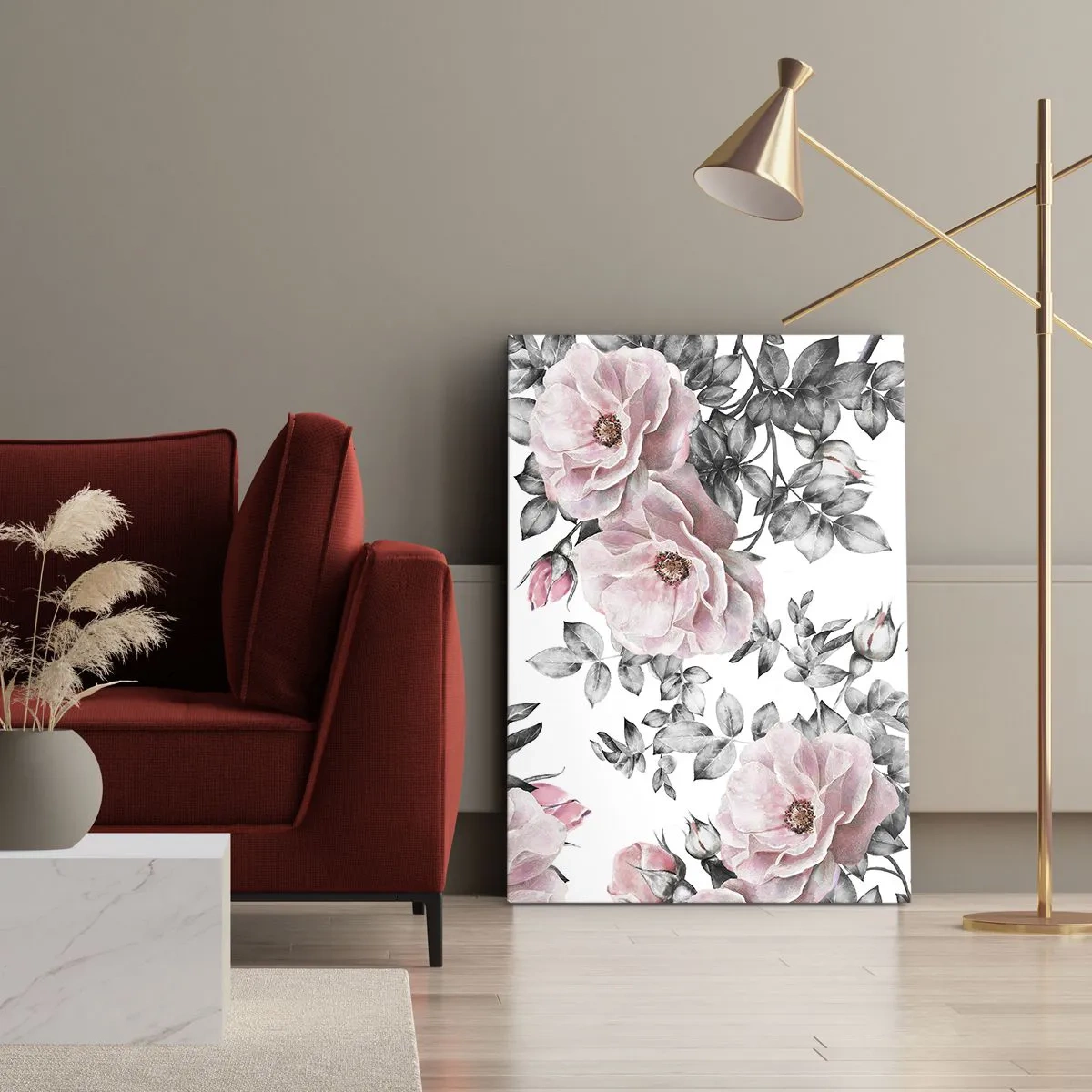 Quadro su tela - Stampe su Tela - Rose rosa e foglie su un delicato sfondo bianco e nero - 70x100cm - Perdersi tra le rose - Decorazione murale moderna per soggiorno e camera da letto ARTTOR