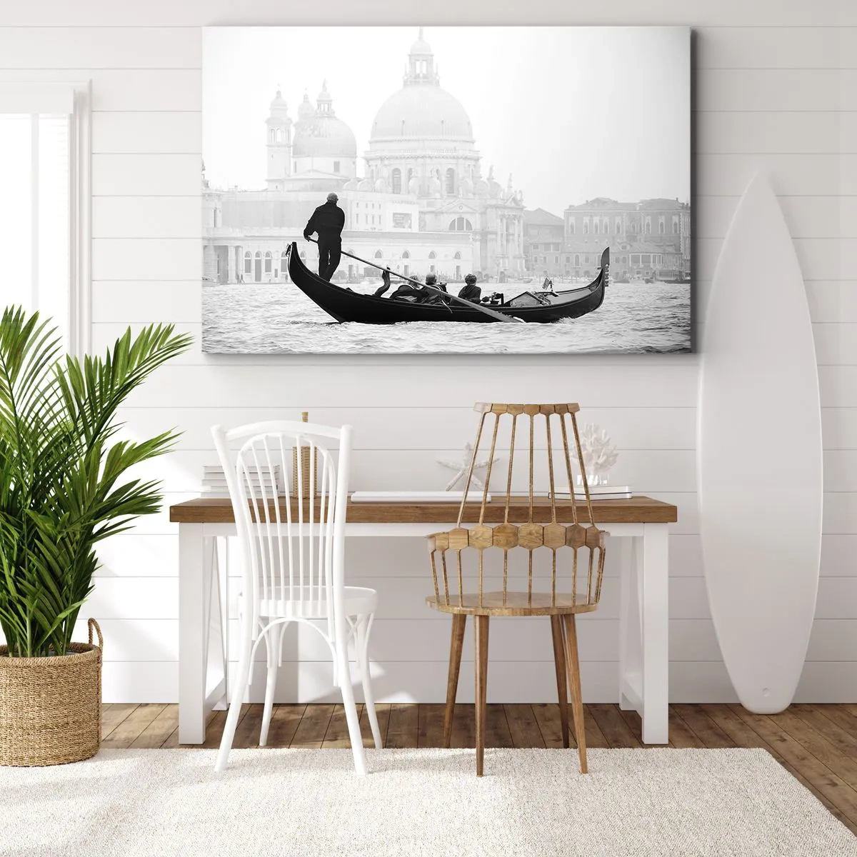 Quadro su tela - Stampe su Tela - Una gondola con la basilica sullo sfondo in bianco e nero - 120x80cm - Viaggio alla fonte della bellezza - Decorazione murale moderna per soggiorno e camera da letto ARTTOR