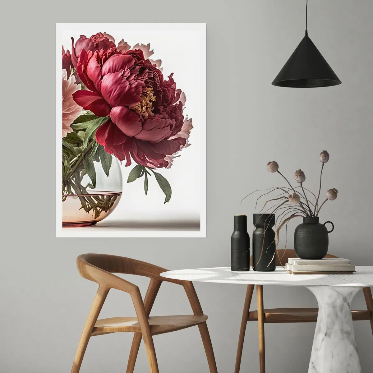 Poster - Peonie rosse in un vaso di vetro su uno sfondo bianco - 50x70cm - Bellezza in piena fioritura - Decorazione murale moderna per soggiorno e camera da letto ARTTOR
