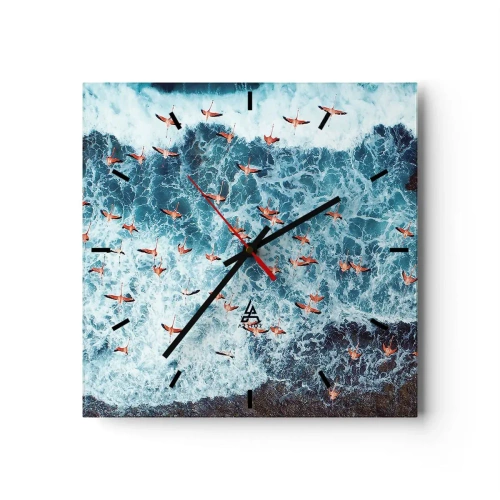 Orologio da parete - Orologio in Vetro - Una vista a volo d'uccello di fenicotteri rosa su un oceano blu - 30x30cm - Parata sotto il mare - Decorazione murale moderna per soggiorno e camera da letto ARTTOR