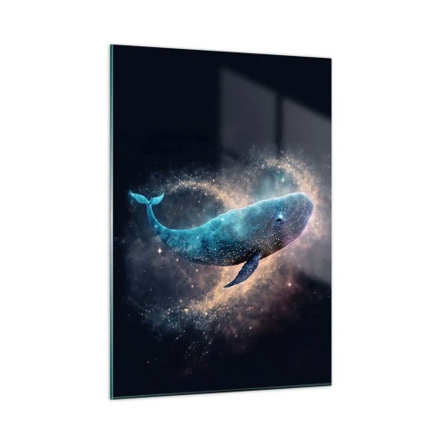 Quadro su vetro - Balenottera azzurra che fluttua nella galassia - 50x70cm - Esiste un mondo... - Decorazione murale moderna per soggiorno e camera da letto ARTTOR