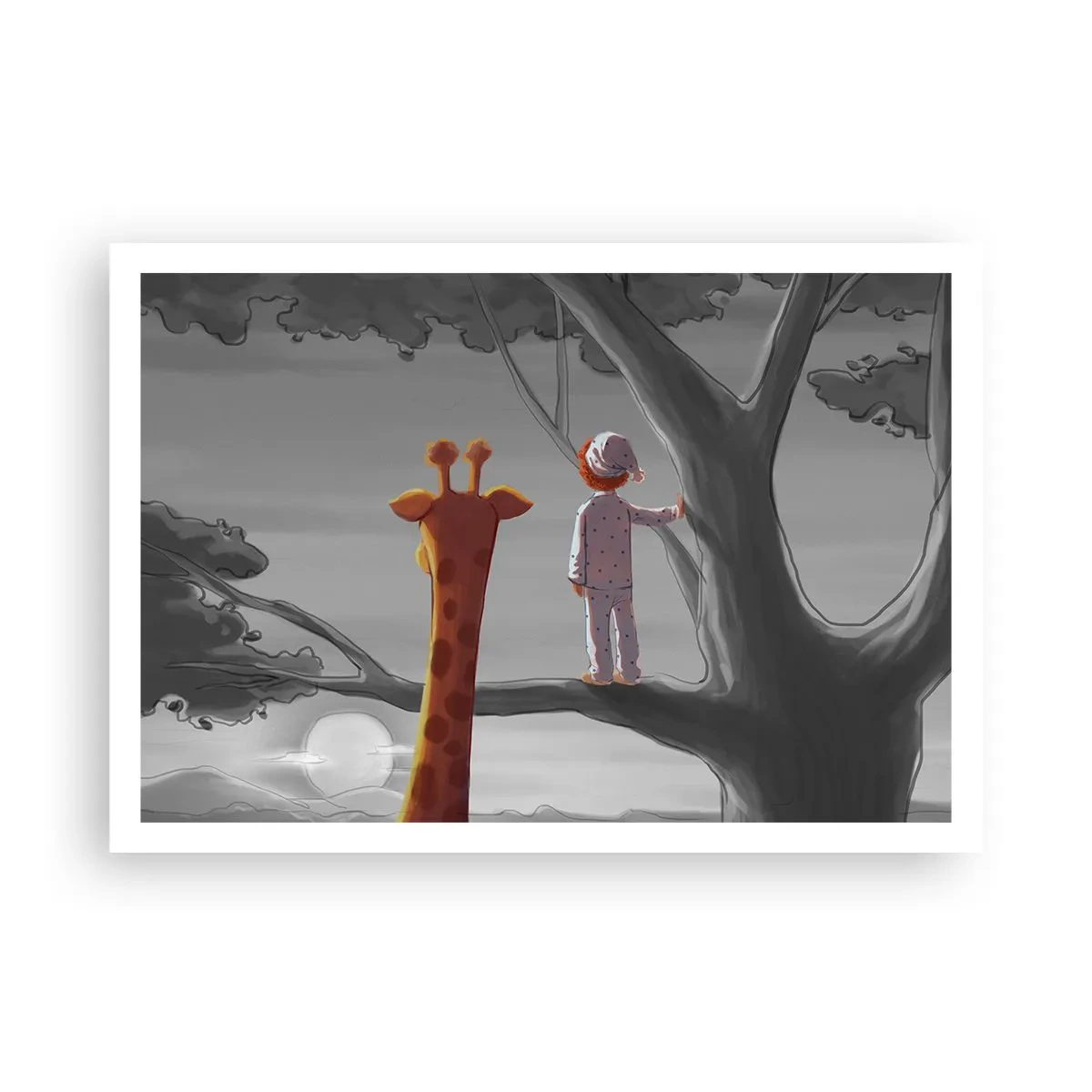 Poster - Un bambino e una giraffa su un ramo di un albero in un paesaggio da favola - 100x70cm - Sta succedendo davvero - Decorazione murale moderna per soggiorno e camera da letto ARTTOR