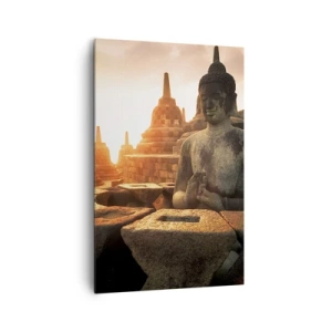 Quadro su tela - Stampe su Tela - Statua del Buddha al tempio di Borobudur al tramonto - 80x120cm - La pagoda della grande saggezza - Decorazione murale moderna per soggiorno e camera da letto ARTTOR
