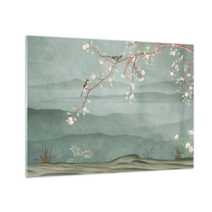 Quadro su vetro - Un ramo con fiori e uccelli sullo sfondo di verdi colline - 70x50cm - Eccoti primavera - Decorazione murale moderna per soggiorno e camera da letto ARTTOR