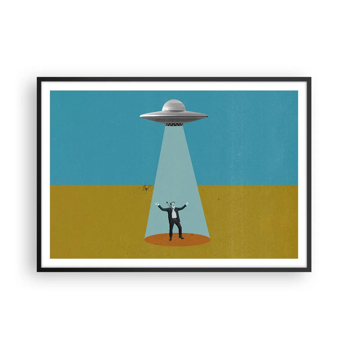 Poster in cornice nera - Un uomo alla luce di un UFO sullo sfondo di un paesaggio colorato - 100x70cm - Incontro ravvicinato - Decorazione murale moderna per soggiorno e camera da letto ARTTOR