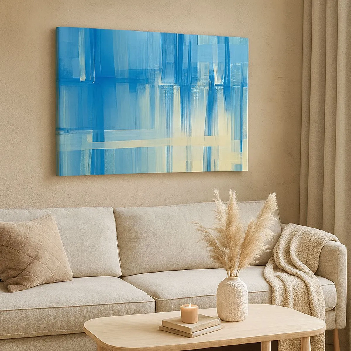 Quadro su tela - Stampe su Tela - Un dipinto astratto nei toni del turchese e del blu con pennellate geometriche. - 70x50cm - Composizione in turchese - Decorazione murale moderna per soggiorno e camera da letto ARTTOR