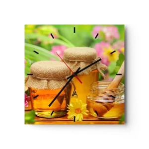 Orologio da parete - Orologio in Vetro - Vasetti di miele con fiori sullo sfondo di un giardino estivo - 30x30cm - Dolce miele di fiori - Decorazione murale moderna per soggiorno e camera da letto ARTTOR